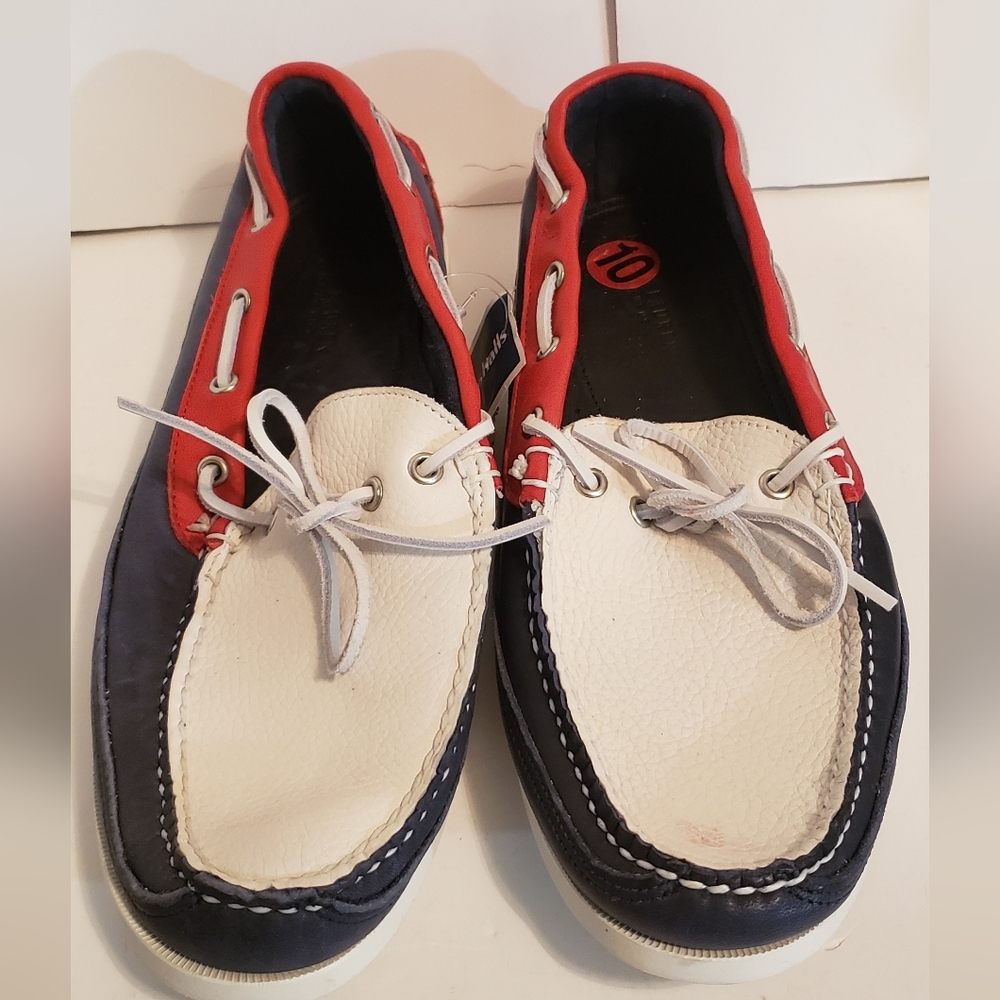Ralph Lauren Men's Tri-Color Casual Boat Shoes - White/Navy/Red Size 10
